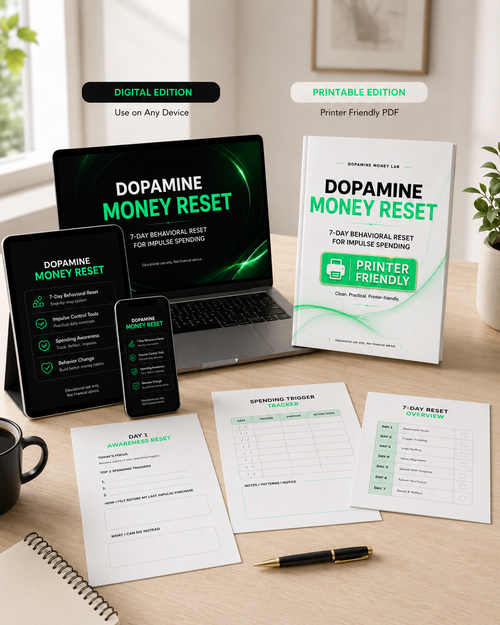 Dopamine Money Reset digital and printer-friendly PDF workbook editions